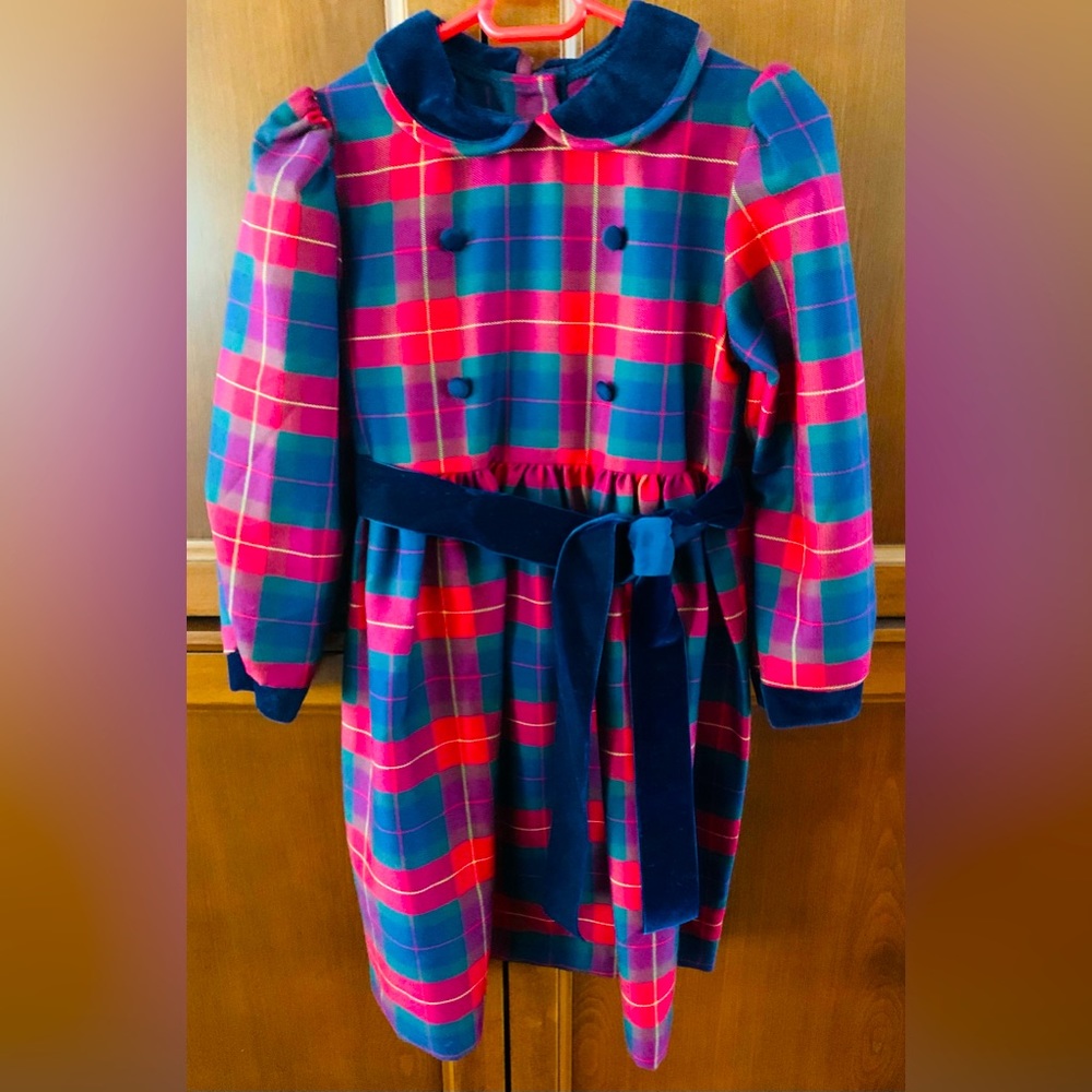 Red & navy blue Plaid long dress girls age 3-4 long sleeves Peter Pan collar